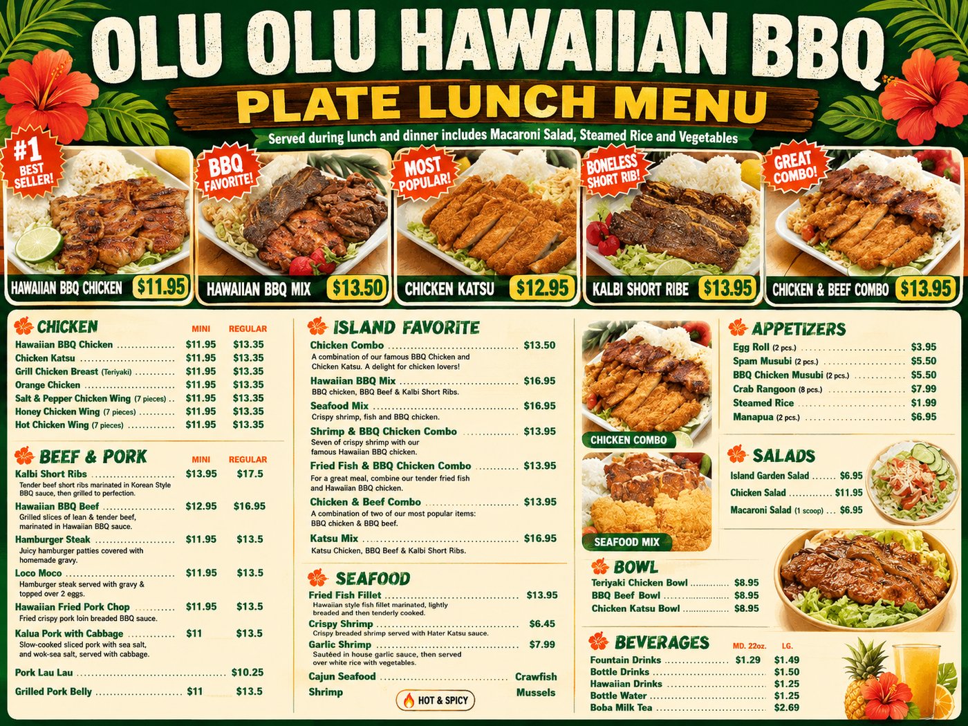 OLU OLU Hawaiian BBQ plate lunch menu board